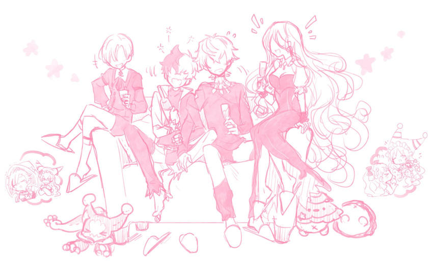 +++, 1girl, 3boys, ^^^, bacheally, breasts, champagne_flute, chibi