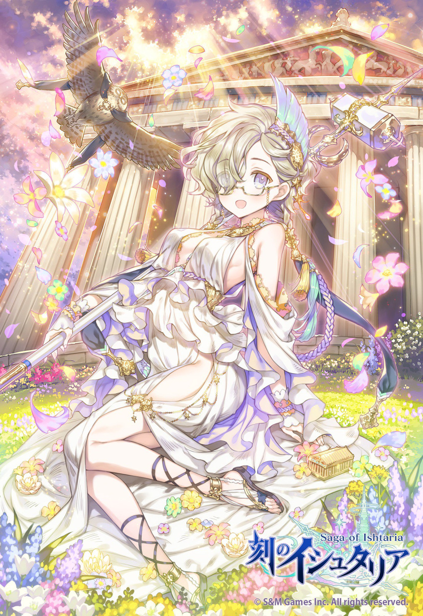 1girl, :d, age_of_ishtaria, bare_shoulders, blush, braid, breasts, copyright_name, copyright_notice, dress, falling_petals, flower, glasses, hair_ornament, hammer, highres, holding, holding_hammer, ictinus_(age_of_ishtaria), large_breasts, looking_at_viewer, munlu_(wolupus), official_art, open_mouth, petals, sandals, sitting, smile, twin_braids, violet_eyes, white_dress