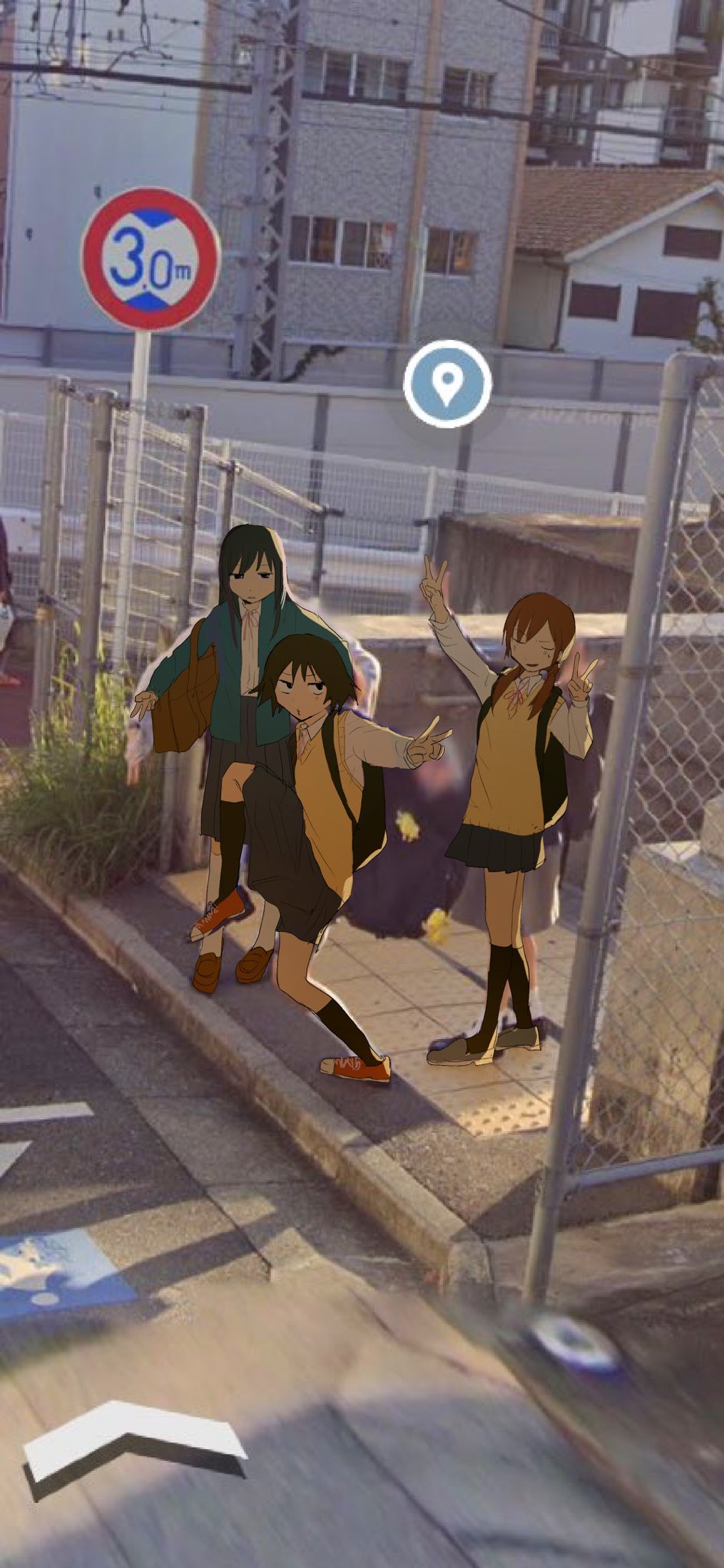 3girls, backpack, bag, black_eyes, black_hair, black_skirt, brown_hair, chain-link_fence