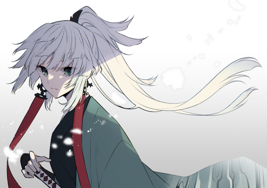 1girl, black_kimono, earrings, ebi_fly_55, fate/samurai_remnant, fate_(series), green_eyes, green_haori