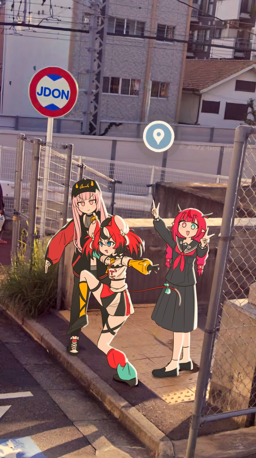 3girls, absurdres, animal_ears, asymmetrical_legwear, baseball_cap, black_collar, black_footwear, black_gloves, black_hair, black_jacket, black_pants, black_sailor_collar, black_serafuku, black_shirt, black_skirt, blue_eyes, braid, chadcast_(hololive), chain-link_fence, closed_mouth, collar, commentary, day, double_v, fence, full_body, gloves, google_maps, hakos_baelz, hakos_baelz_(1st_costume), hashtag-only_commentary, hat, heterochromia, high_school_girls_posing_for_google_street_view_(meme), highres, hololive, hololive_english, horns, irys_(gaming_casual)_(hololive), irys_(hololive), jacket, jdon_in_my_soul_(meme), long_hair, long_sleeves, looking_at_viewer, low_twintails, medium_hair, meme, mismatched_legwear, mori_calliope, mori_calliope_(streetwear), mouse_ears, mouse_girl, mouse_tail, multicolored_clothes, multicolored_hair, multicolored_jacket, multiple_girls, neckerchief, official_alternate_costume, open_mouth, outdoors, pants, photo_background, pink_eyes, pink_hair, pleated_skirt, purple_hair, red_jacket, red_neckerchief, redhead, sailor_collar, school_uniform, serafuku, shirt, shoes, sidelocks, sidewalk, skirt, socks, spiked_collar, spikes, standing, standing_on_one_leg, streaked_hair, tactile_paving, tail, tensutensu, track_jacket, twin_braids, twintails, two-tone_jacket, v, virtual_youtuber, white_hair, white_shirt, white_socks