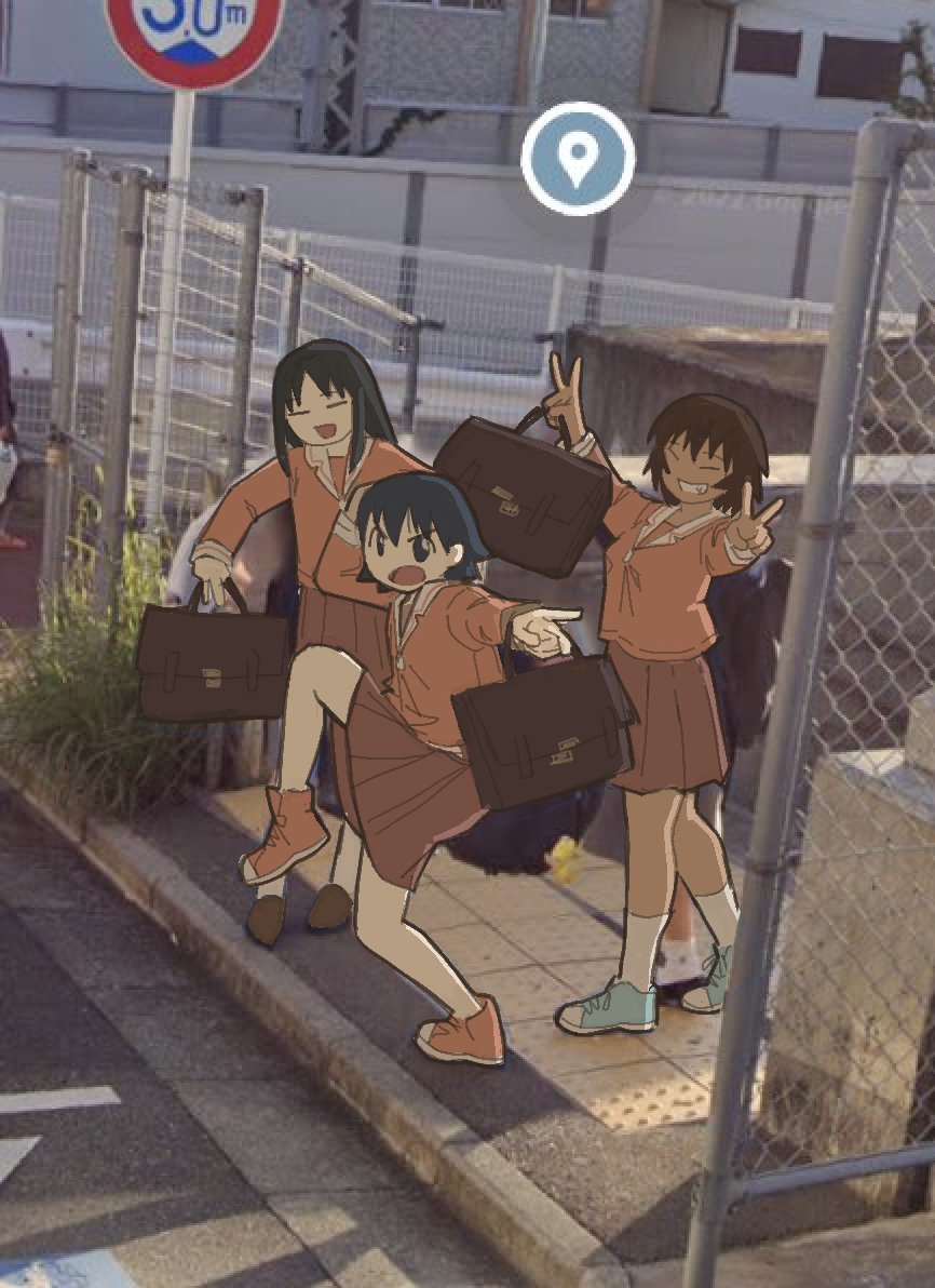 3girls, azumanga_daioh, azumanga_daioh's_school_uniform, bag, black_hair, brown_bag, brown_hair, chain-link_fence