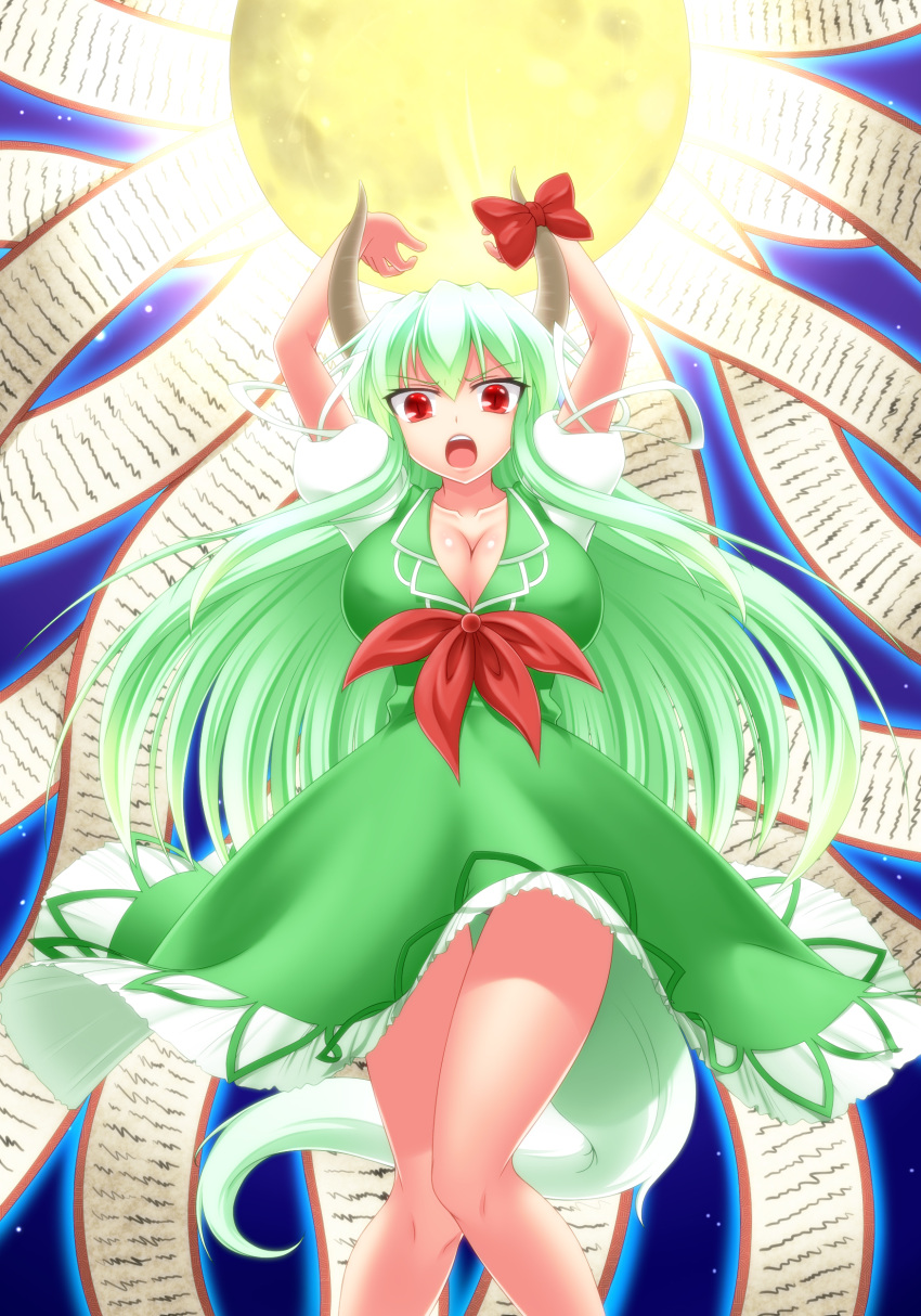 breasts, erect_nipples, ex-keine, green_hair, highres, horns, huge_breasts, john_(nakoto)