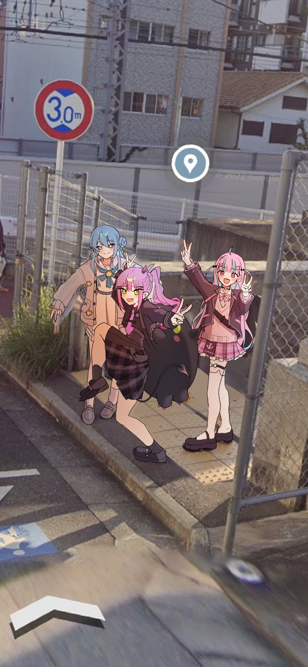 3girls, animal_ear_legwear, aran_sweater, bibi_(tokoyami_towa), black_footwear, black_horns, black_jacket, black_shirt