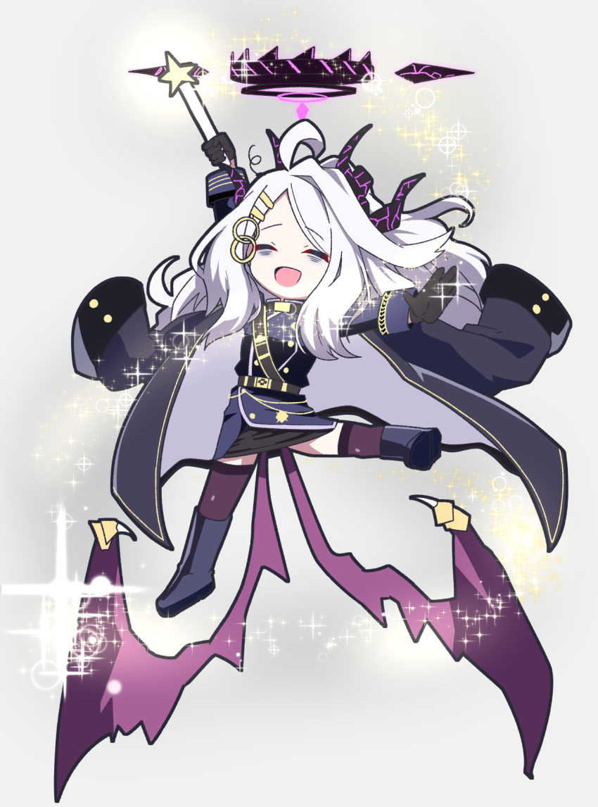 1girl, ahoge, arm_up, bags_under_eyes, black_coat, black_footwear, black_horns, black_skirt