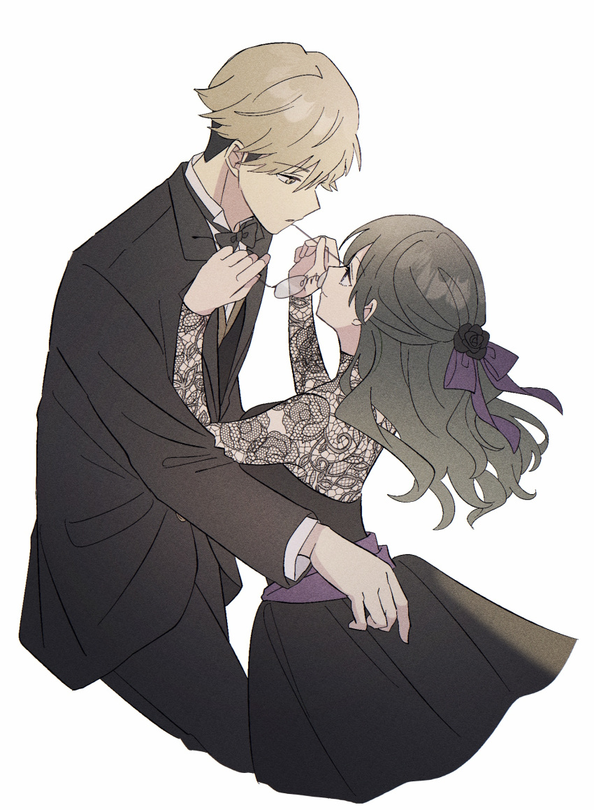 1boy, 1girl, black_dress, black_hair, black_suit, blonde_hair, closed_mouth, cowboy_shot