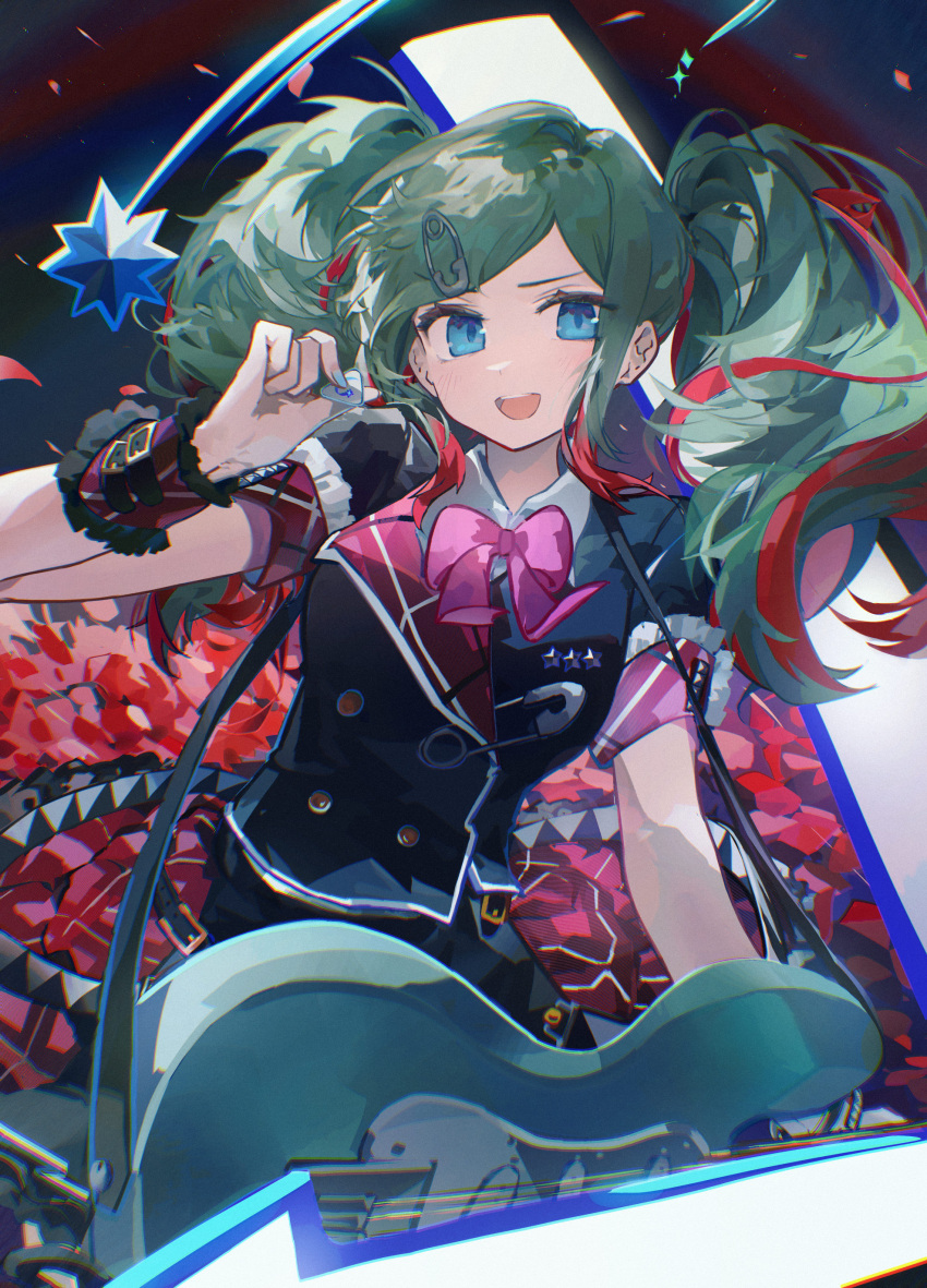 1girl, :d, absurdres, arrow_(symbol), black_jacket, black_skirt, blue_eyes, blue_nails