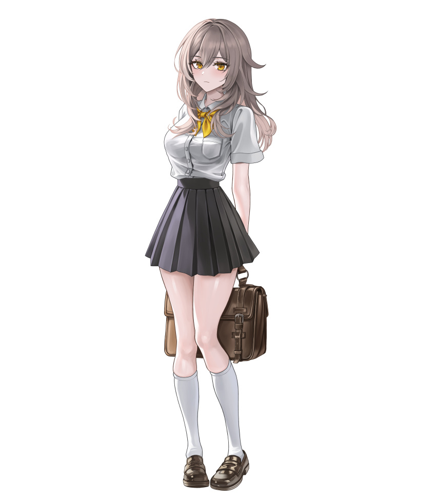 1girl, 4meart0112, absurdres, alternate_costume, arms_behind_back, bag, black_footwear, black_skirt, bow, bowtie, brown_bag, closed_mouth, commentary, expressionless, full_body, grey_hair, hair_between_eyes, highres, holding, holding_bag, honkai:_star_rail, honkai_(series), loafers, long_hair, looking_at_viewer, pleated_skirt, school_uniform, shirt, shoes, short_sleeves, simple_background, skirt, socks, solo, standing, stelle_(honkai:_star_rail), thighs, trailblazer_(honkai:_star_rail), white_background, white_shirt, white_socks, yellow_bow, yellow_bowtie, yellow_eyes