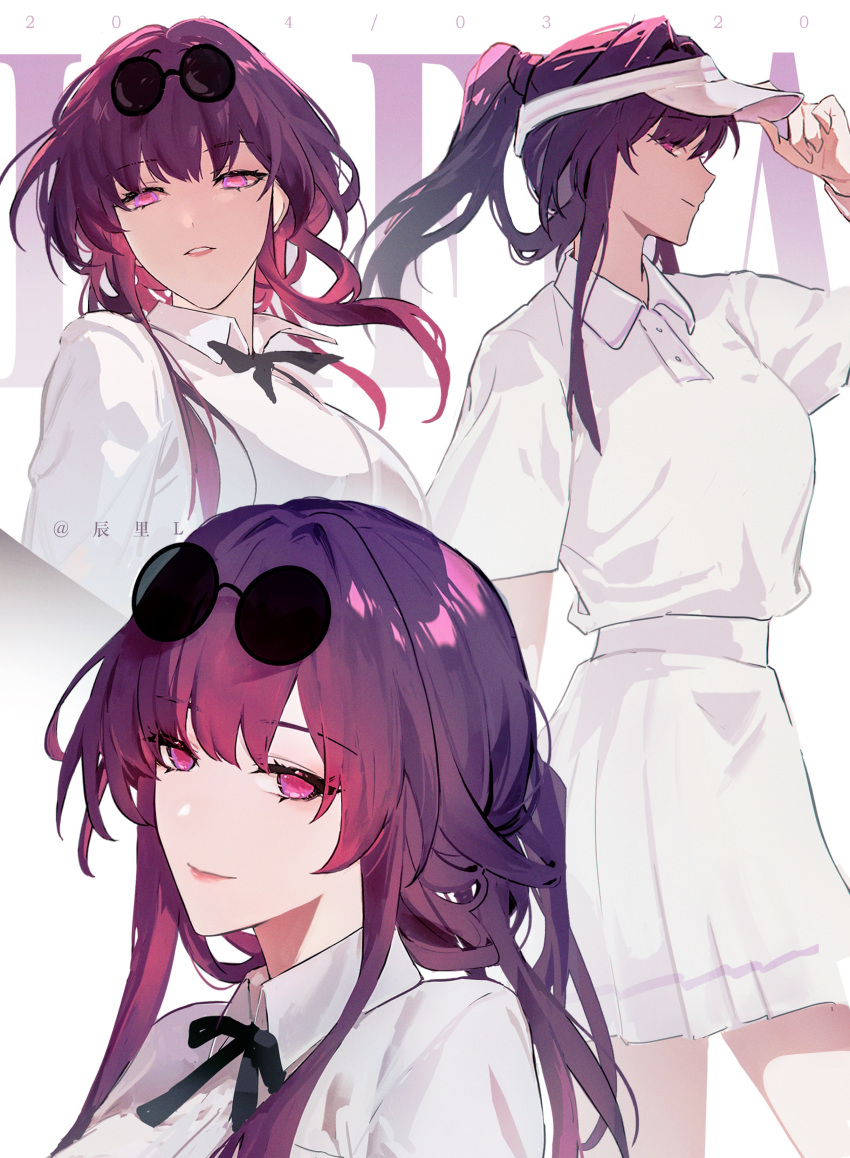 1girl, absurdres, alternate_costume, artist_name, black_ribbon, chen_li, chinese_commentary, collared_shirt