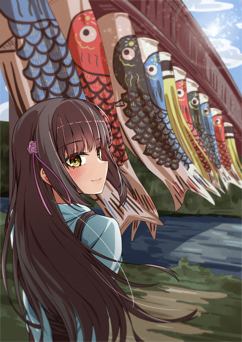 1girl, absurdres, arms_behind_back, black_hair, blue_shirt, blurry, blush, bridge