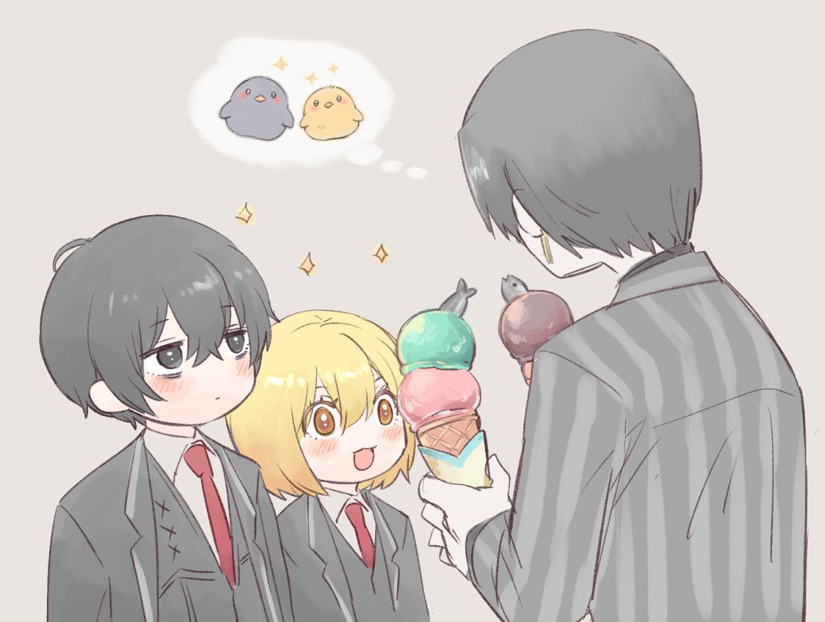 1girl, 2boys, black_coat, black_vest, blonde_hair, blush, coat, collared_shirt