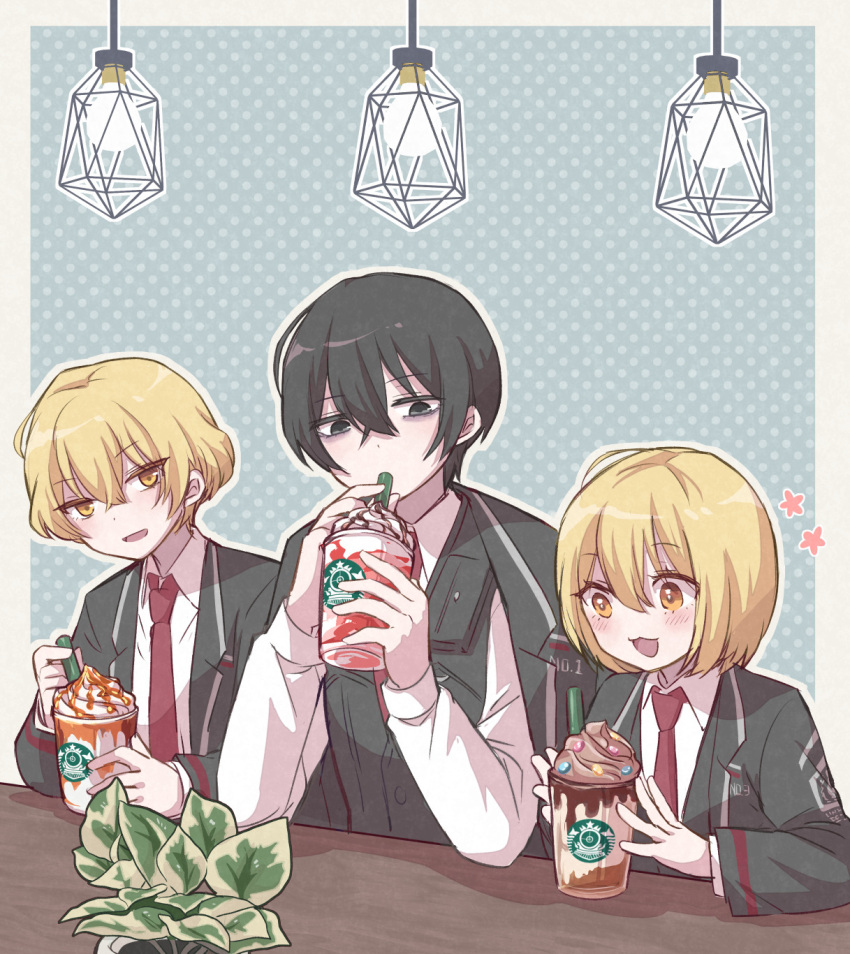1girl, 2boys, :3, :d, black_coat, black_eyes, black_hair, blonde_hair