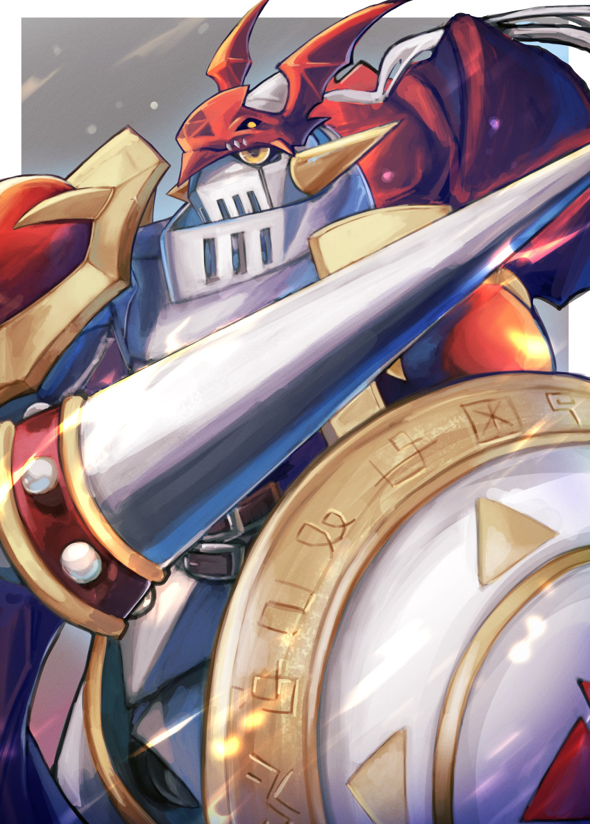1boy, absurdres, armor, arupg, border, digimon, digimon_(creature), dukemon, grey_background, highres, holding, holding_polearm, holding_shield, holding_weapon, knight, lance, polearm, red_armor, shield, shoulder_armor, solo, weapon, white_armor, white_border, white_helmet, yellow_eyes
