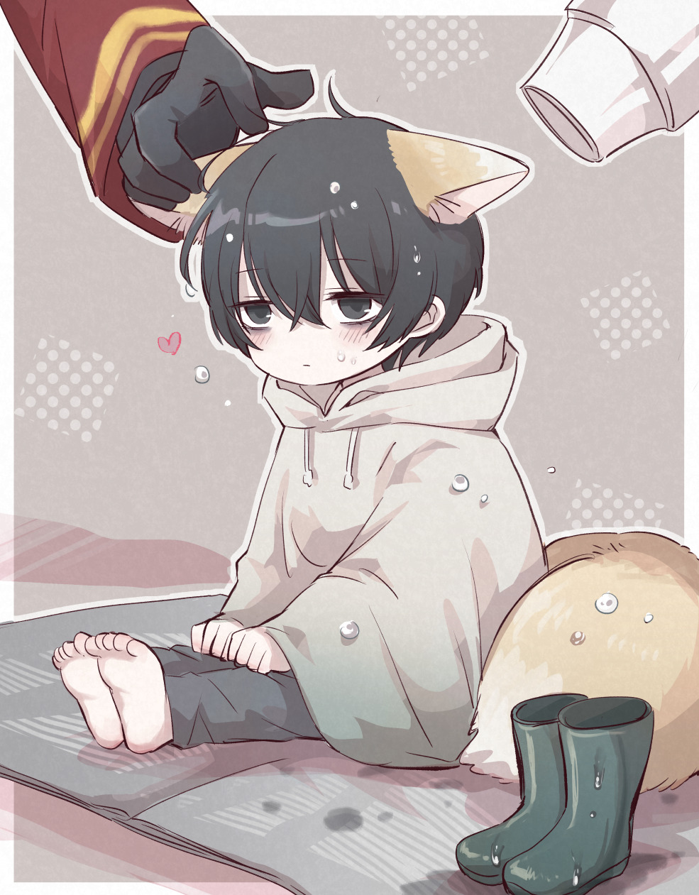 1boy, 1other, barefoot, black_eyes, black_gloves, black_hair, black_pants, blush