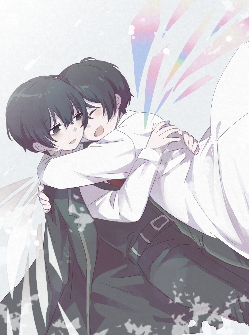 2boys, belt, black_belt, black_coat, black_eyes, black_hair, black_pants, black_vest