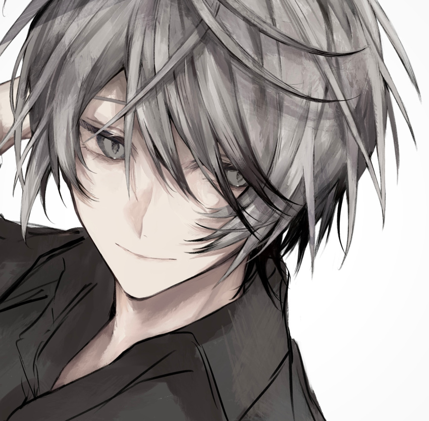 00_gx4, 1boy, black_shirt, chinese_commentary, collared_shirt, facing_viewer, grey_eyes, grey_hair