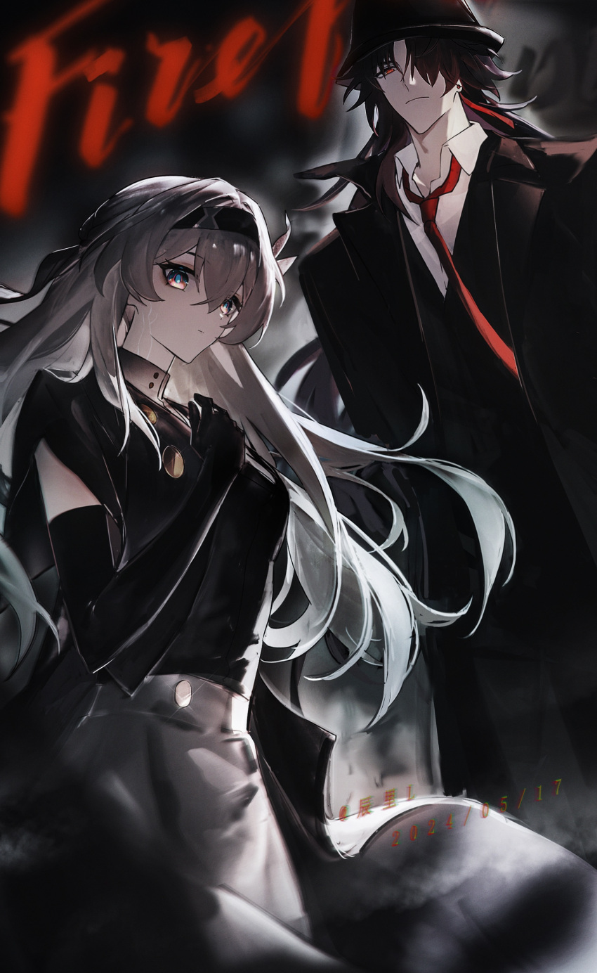 1boy, 1girl, absurdres, alternate_costume, artist_name, black_coat, black_gloves, black_hairband