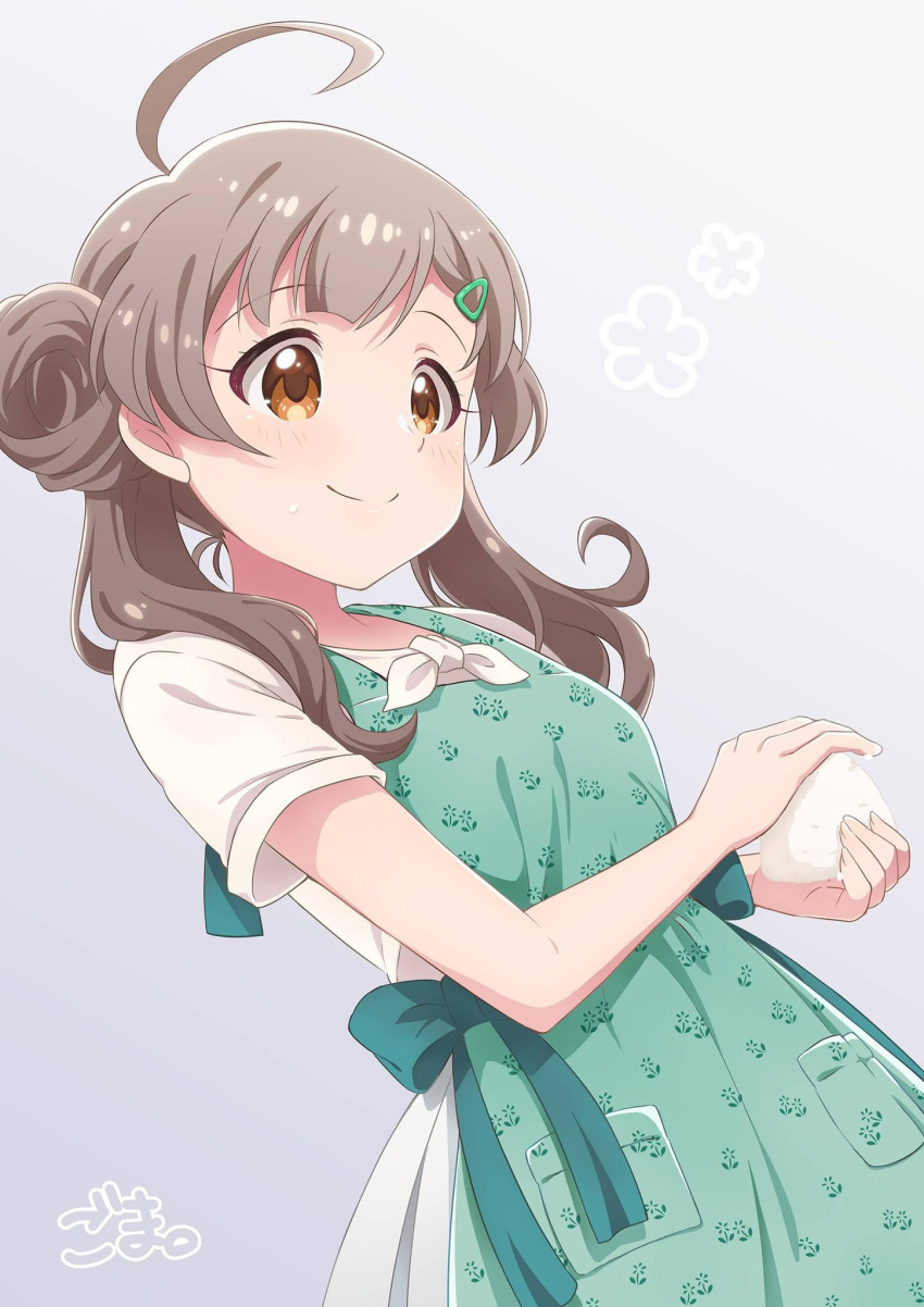 1girl, ahoge, apron, blush, bow, breasts, brown_eyes, brown_hair