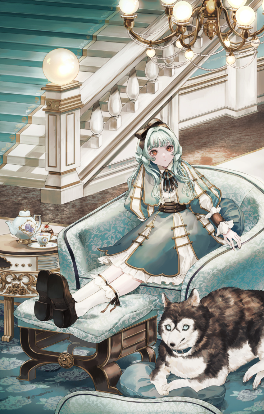 1girl, animal_collar, aqua_hair, artist_name, blunt_bangs, bow, bowtie, chandelier