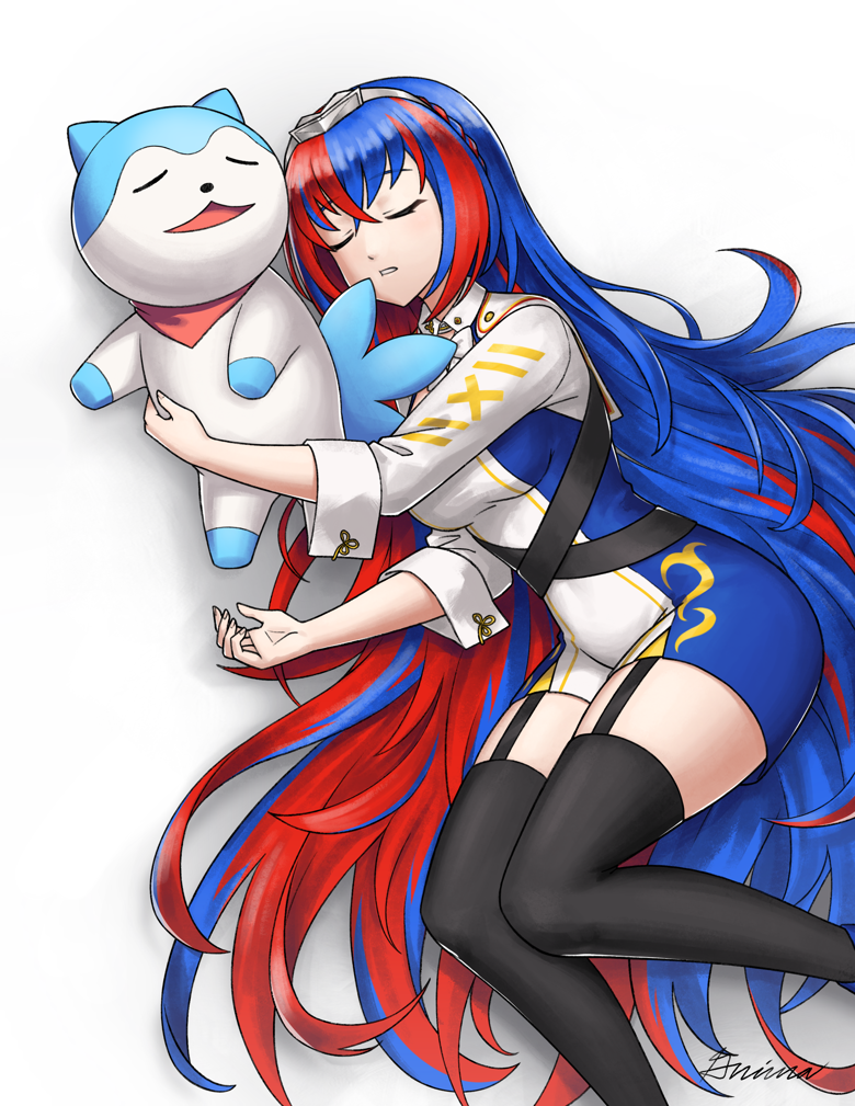 1boy, 1girl, alear_(female)_(fire_emblem), alear_(fire_emblem), bandana, black_garter_straps, black_thighhighs, blue_fur