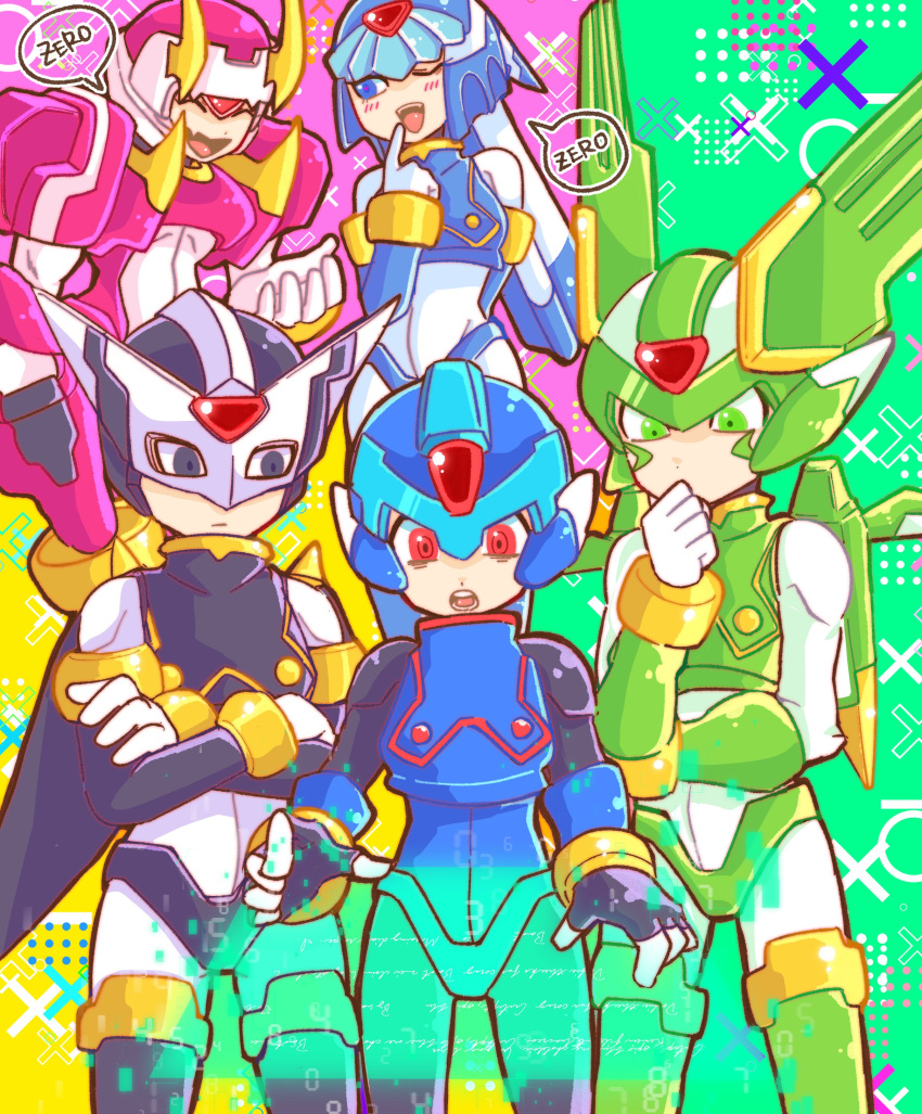 1girl, 4boys, absurdres, android, armor, blue_armor, blue_eyes, blue_helmet