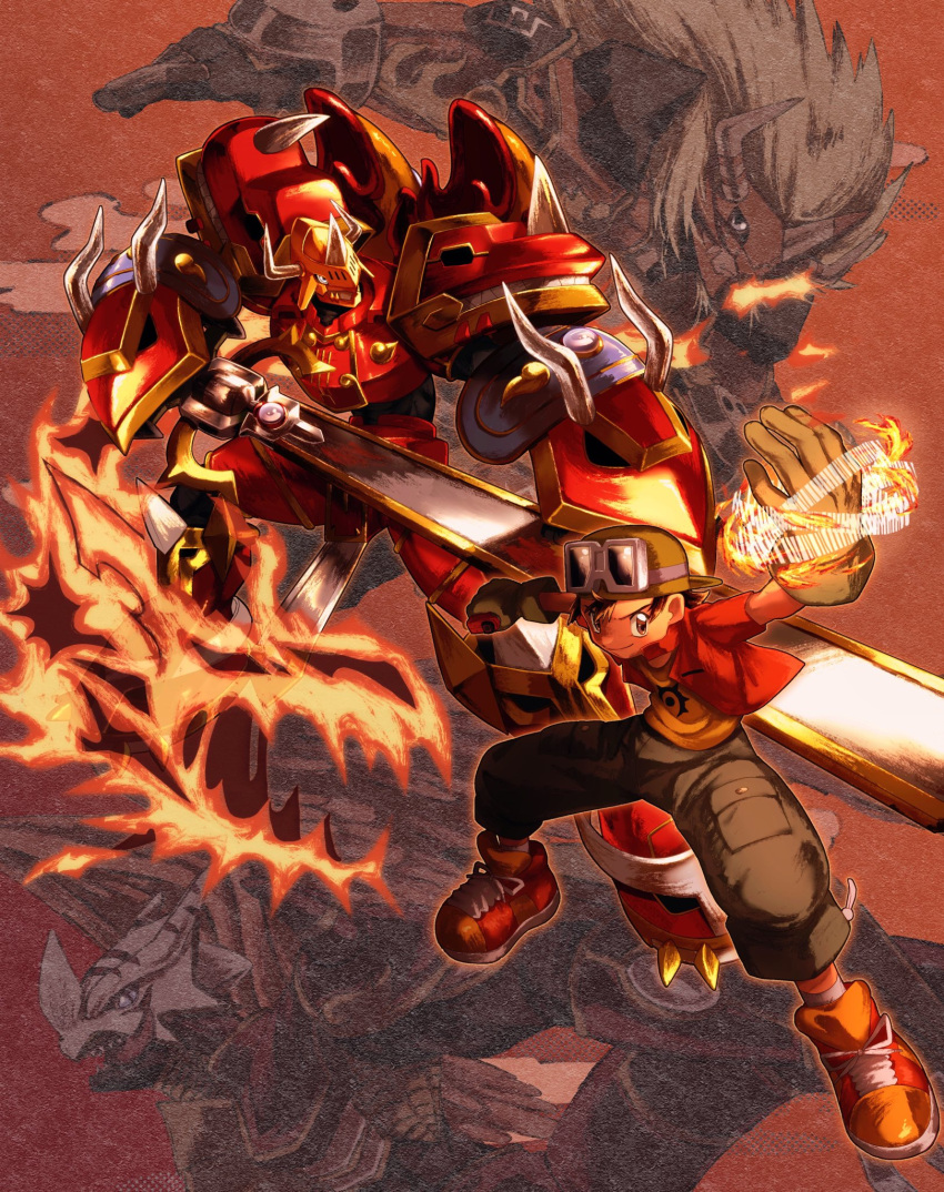 4boys, agnimon, armor, blonde_hair, brown_eyes, brown_gloves, brown_hair, brown_pants