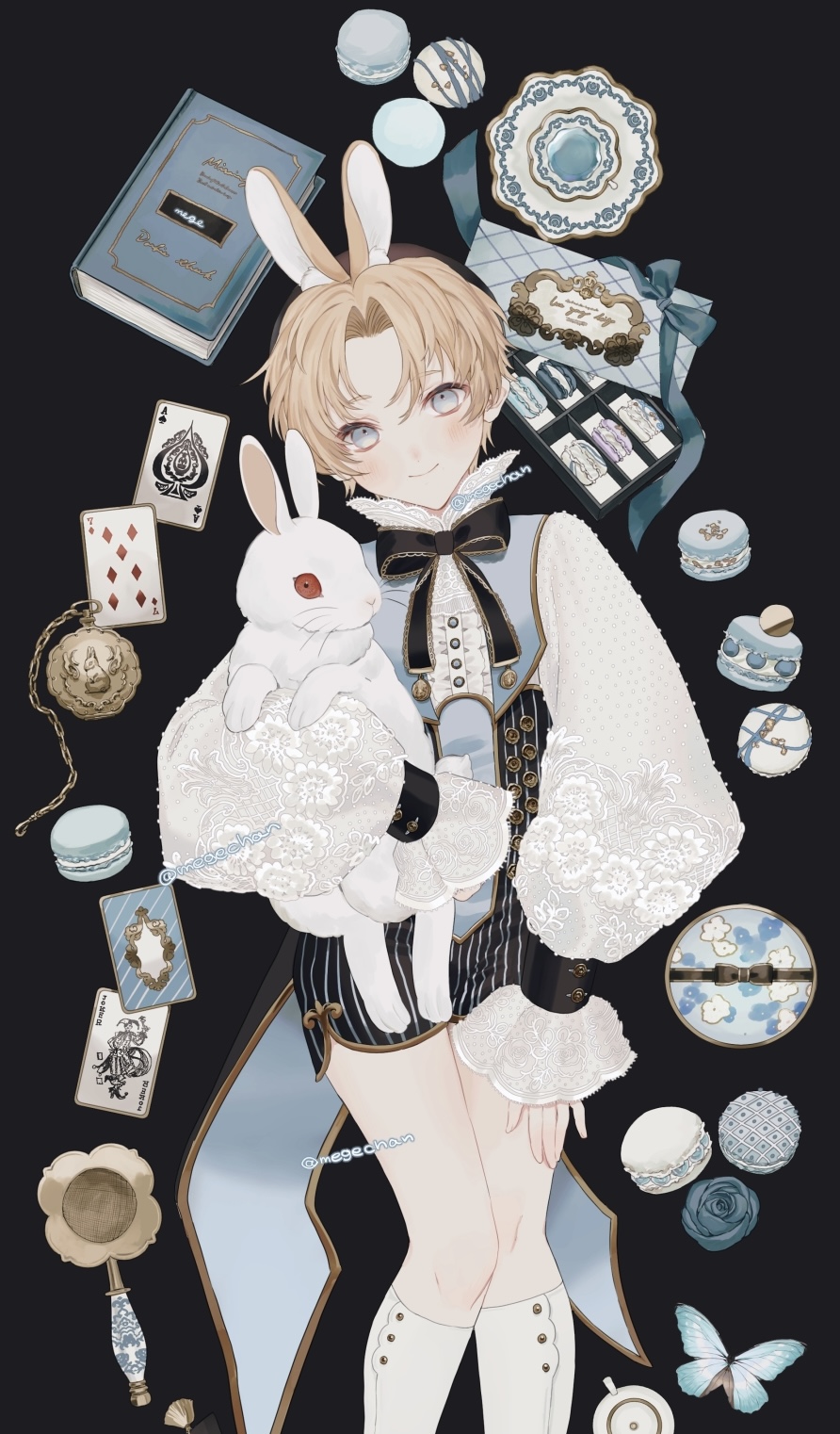 1boy, artist_name, beret, blonde_hair, blue_eyes, blue_theme, book, bow