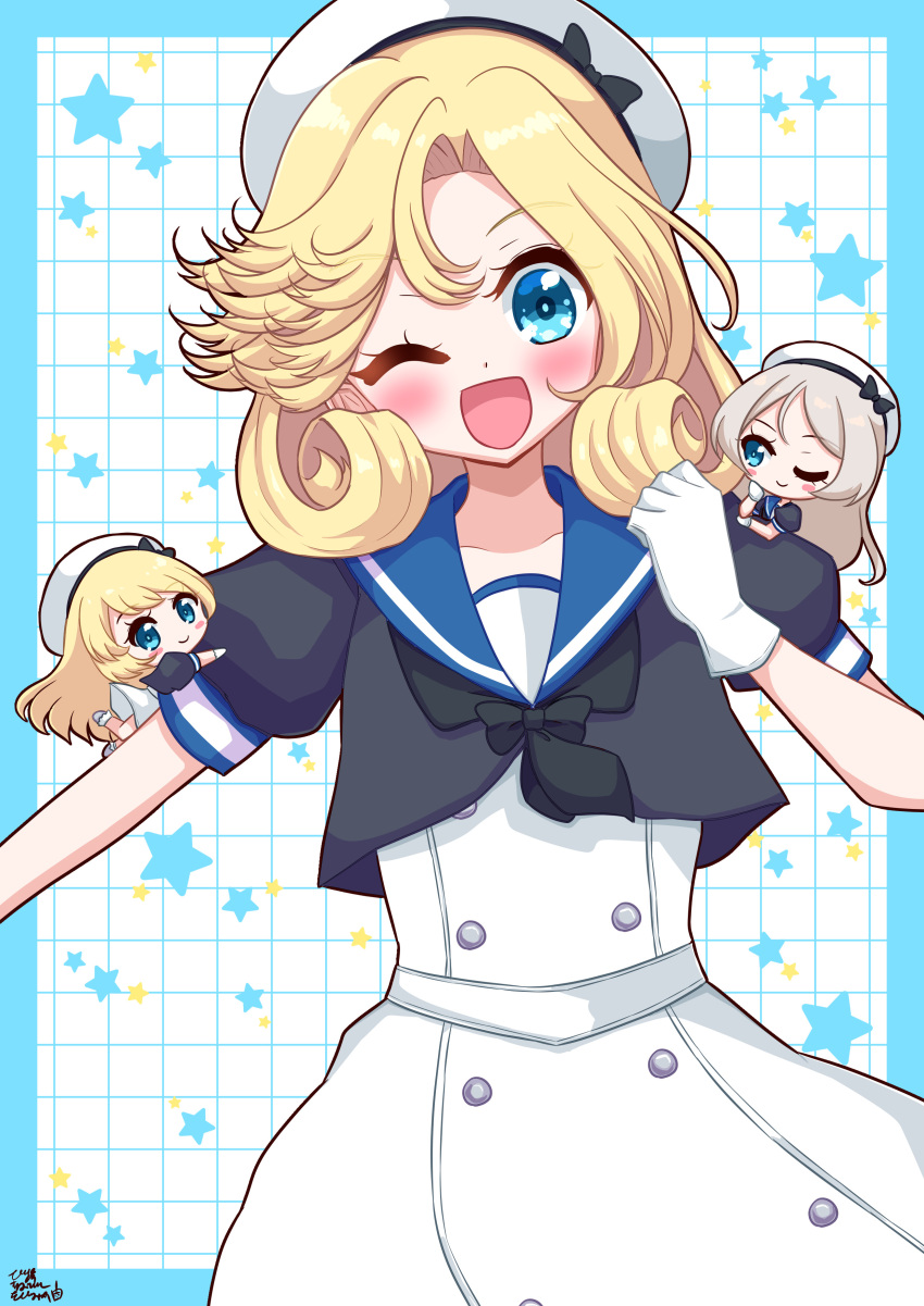 3girls, absurdres, black_neckerchief, blonde_hair, blue_eyes, blue_sailor_collar, dress, gloves, hat, highres, janus_(kancolle), javelin_(kancolle), jervis_(kancolle), kantai_collection, multiple_girls, neckerchief, one_eye_closed, open_mouth, parted_bangs, pirikara_spicy_tapioca, sailor_collar, sailor_dress, sailor_hat, short_hair, smile, white_dress, white_gloves, white_hat