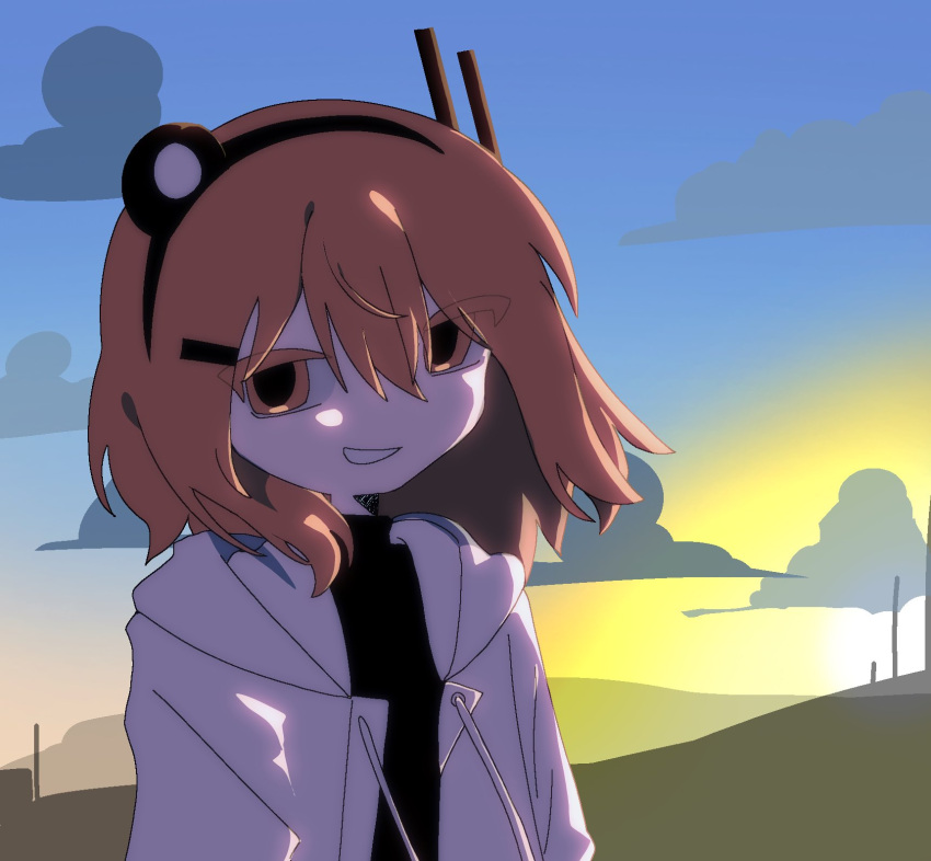 1girl, a.i._voice, adachi_rei, black_shirt, cho_(cho_utu00), clouds, drawstring, hair_between_eyes, hair_ornament, hairclip, headlamp, highres, hood, hood_down, hooded_jacket, jacket, looking_at_viewer, medium_hair, open_clothes, open_jacket, orange_eyes, orange_hair, outdoors, radio_antenna, shirt, smile, solo, twilight, upper_body, utau, white_jacket