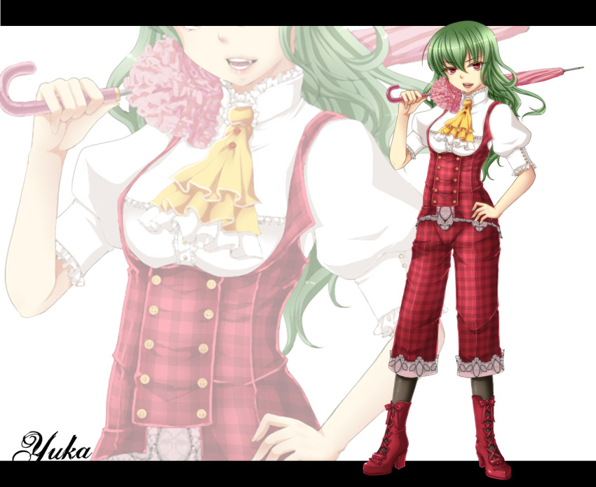 ascot, blouse, boots, character_name, closed_umbrella, cross-laced_footwear, fang, geike