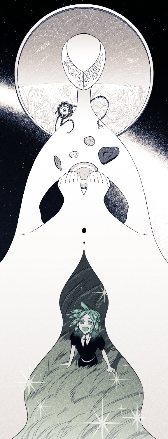 2others, androgynous, aqua_eyes, aqua_hair, commentary, creature, dual_persona, expressionless