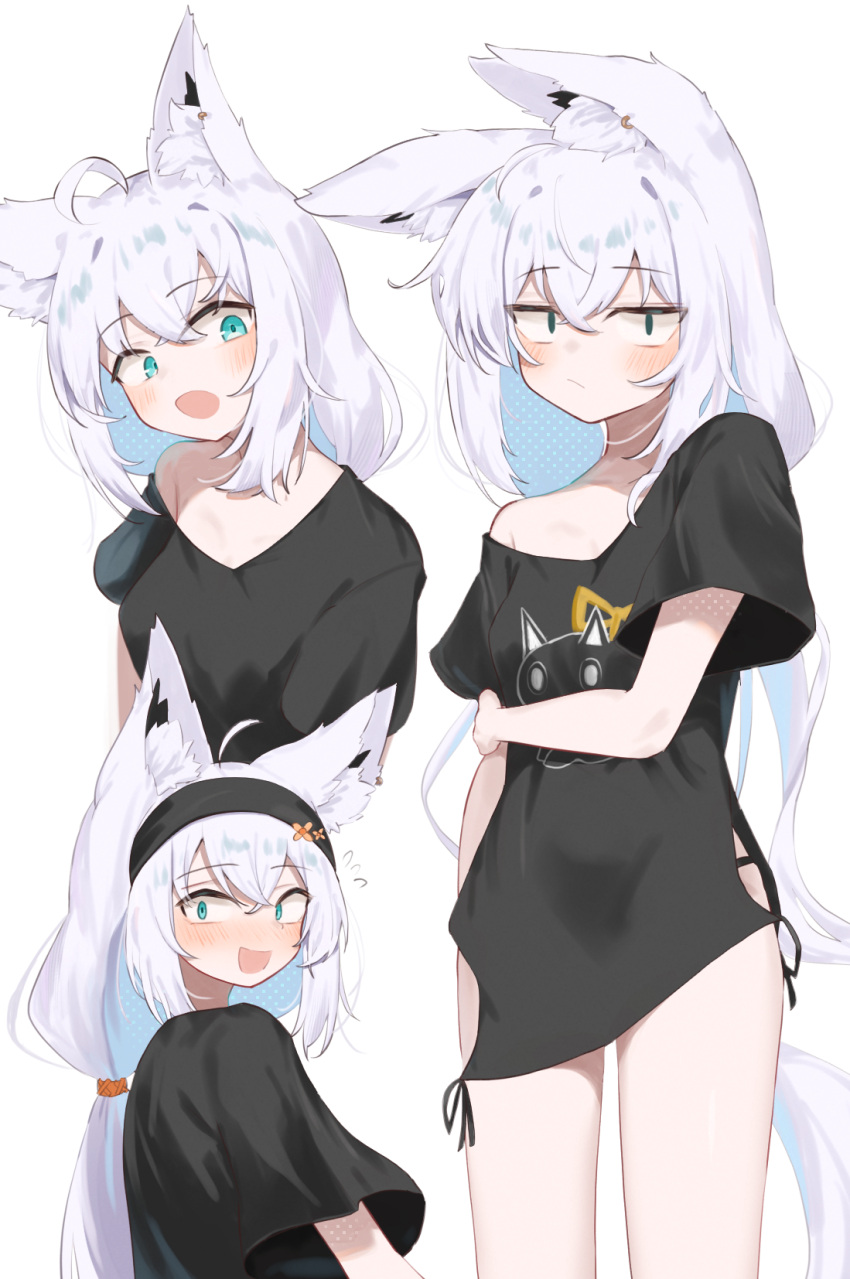 1girl, :o, animal_ear_fluff, animal_ears, aqua_eyes, black_hairband, black_panties, black_shirt, blush, commentary_request, embarrassed, expressions, flying_sweatdrops, fox_ears, fox_girl, fox_tail, hairband, highres, hololive, jitome, long_hair, looking_at_viewer, low_ponytail, nejima_kitsune_(shirakami_fubuki), no_pants, open_mouth, panties, shino2121, shirakami_fubuki, shirakami_fubuki_(loungewear), shirt, tail, underwear, virtual_youtuber, white_background, white_hair