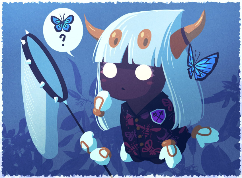 1girl, 5health, ?, animal_print, black_shirt, blue_background, blue_butterfly, blunt_bangs