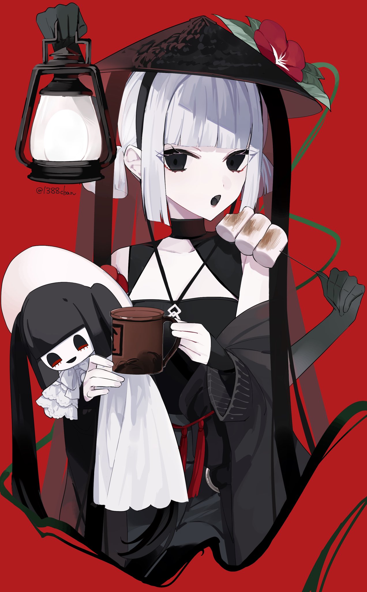 1388chan, 1girl, :o, black_dress, black_eyes, black_pantyhose, blunt_bangs, character_doll