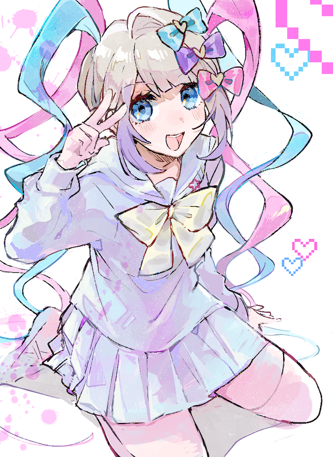 1girl, :d, blonde_hair, blue_bow, blue_eyes, blue_hair, blue_serafuku, blue_shirt
