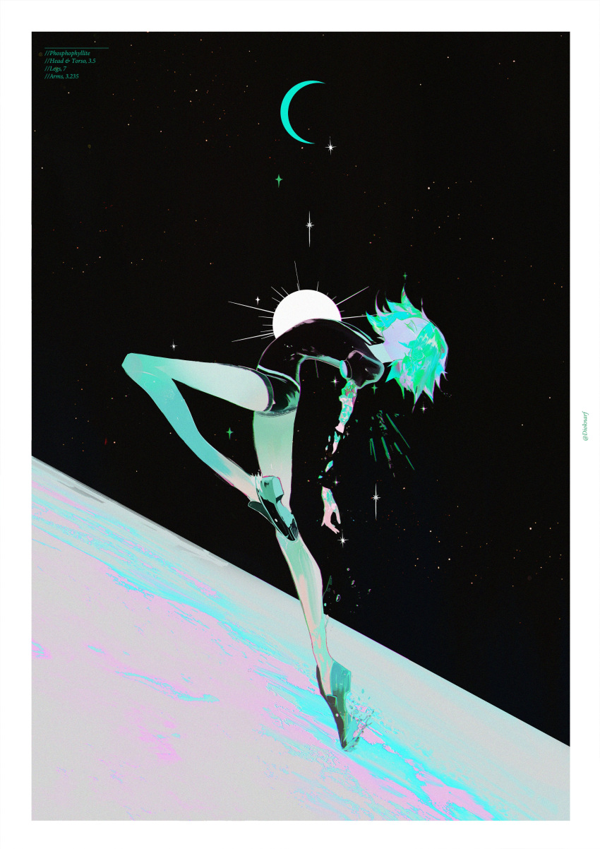 1other, absurdres, amputee, androgynous, aqua_theme, bare_legs, broken_arm, character_name, commentary, crescent_moon, dio_knarf, english_text, from_side, full_body, gem_uniform_(houseki_no_kuni), highres, houseki_no_kuni, jumping, loafers, midair, monochrome, moon, necktie, other_focus, phosphophyllite, profile, puffy_short_sleeves, puffy_sleeves, shards, shoe_soles, shoes, short_hair, short_sleeves, solo, space, sparkle, star_(sky), starry_moon