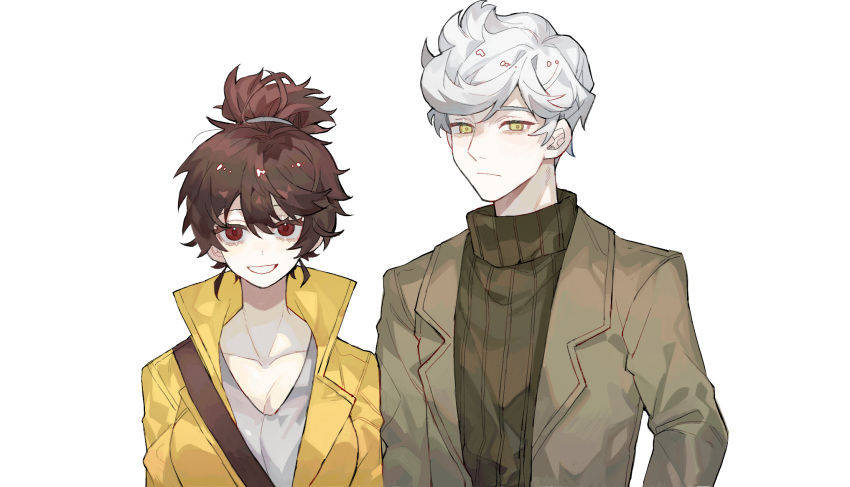 1boy, 1girl, breasts, brown_hair, brown_sweater, closed_mouth, collarbone, elena_(project_moon)