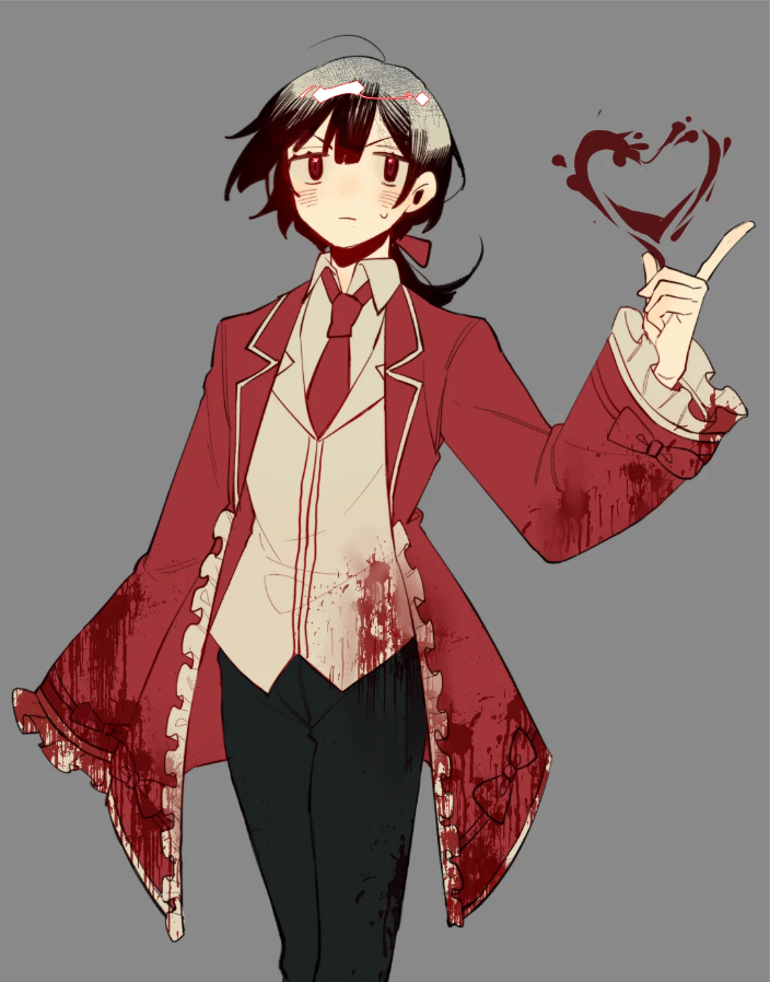 1girl, 1other, black_pants, blood, blood_on_clothes, bow, coat, collared_shirt