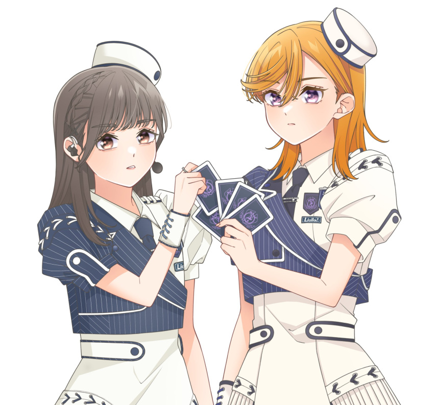 2girls, asymmetrical_dress, blue_necktie, brown_eyes, brown_hair, card, closed_mouth, collared_dress, date_sayuri, dress, group_name, hat, headset, highres, holding, holding_card, looking_at_viewer, love_live!, love_live!_superstar!!, medium_hair, multiple_girls, necktie, orange_hair, parted_lips, puffy_short_sleeves, puffy_sleeves, shekira_(love_live!), shibuya_kanon, short_sleeves, upper_body, violet_eyes, voice_actor, voice_actor_connection, wabe417, white_background, white_dress, white_hat