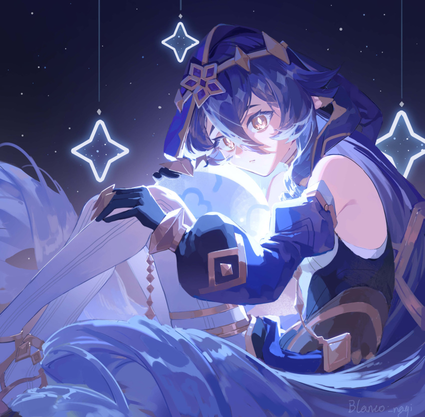 1girl, absurdres, artist_name, bare_shoulders, blanco_nagi, blue_background, blue_gloves, blue_hair