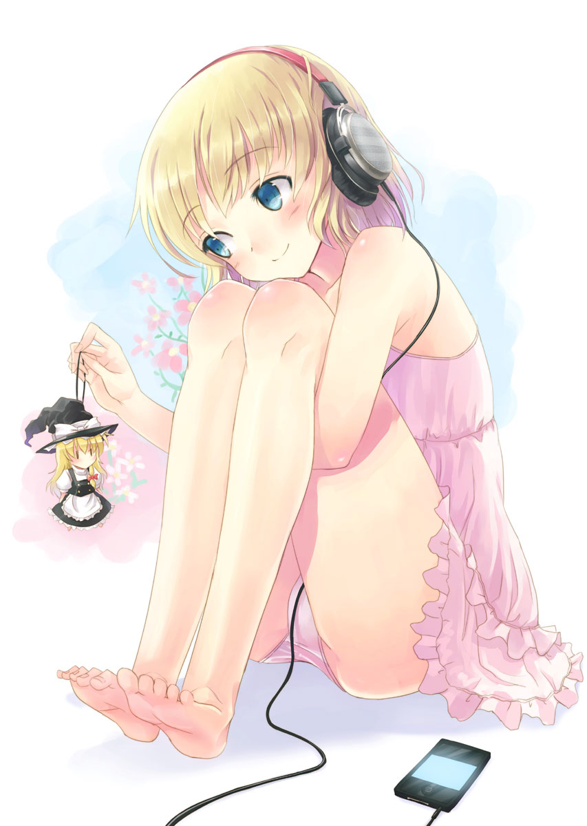 1girl, alice_margatroid, bad_feet, barefoot, beyerdynamic, blonde_hair, blue_eyes, character_doll
