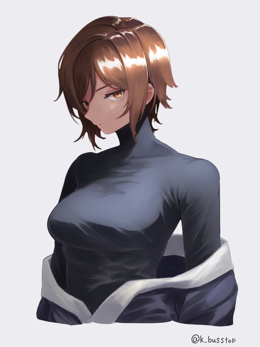1girl, black_coat, black_shirt, breasts, brown_eyes, brown_hair, closed_mouth, coat