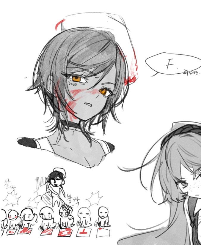 1girl, blood, blood_on_face, blood_on_hat, choker, greyscale, hat, limbus_company