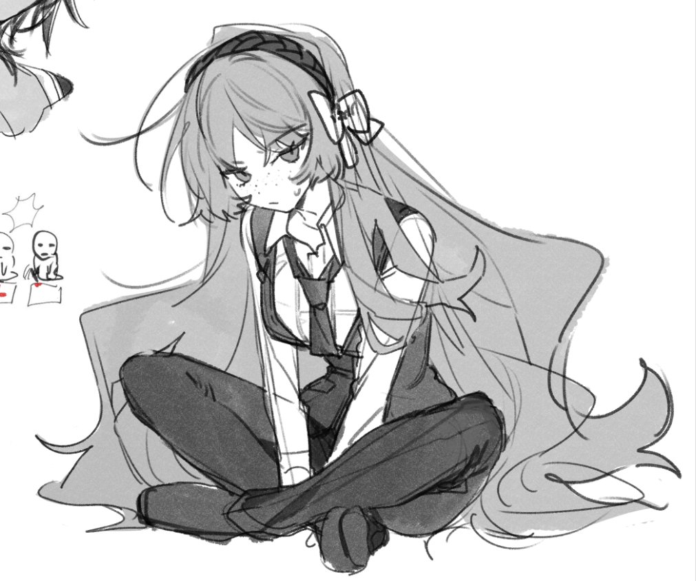 1girl, bow, collared_shirt, crossed_legs, freckles, greyscale, hair_bow, hairband