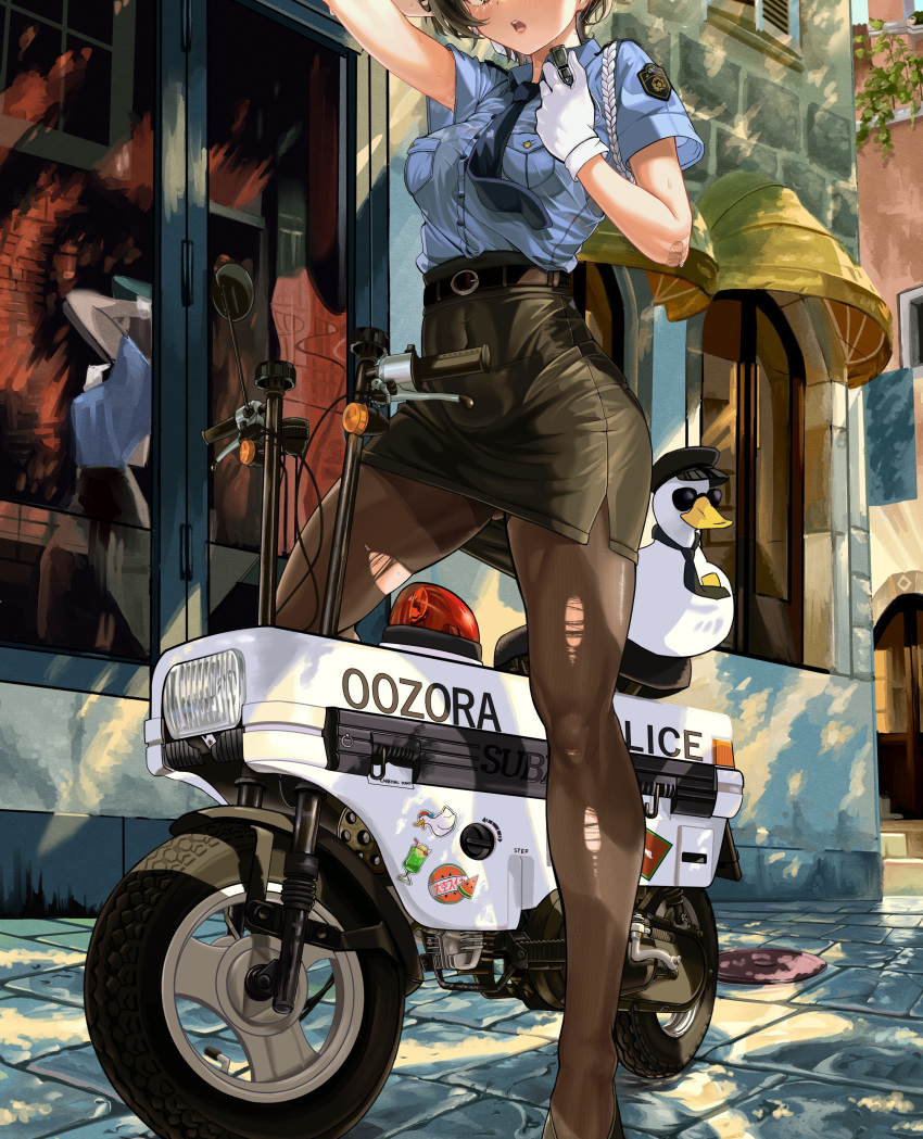 1girl, :o, absurdres, arm_up, bandaid, black_footwear, black_hair, black_necktie