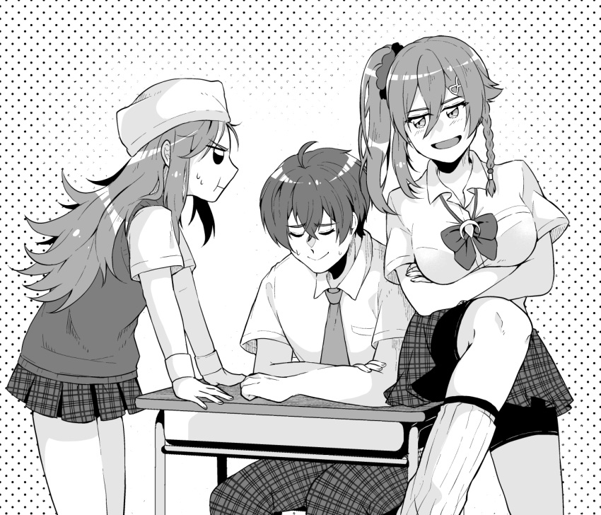 1boy, 2girls, adol_christin, braid, checkered_clothes, checkered_pants, checkered_skirt, collared_shirt, commentary_request, crossed_arms, desk, greyscale, hair_ornament, hairclip, highres, karja_balta, leg_warmers, long_bangs, long_hair, monochrome, multiple_girls, necktie, nervous_smile, on_desk, one_side_up, pout, school_desk, school_uniform, shirt, short_hair, short_sleeves, skirt, smile, sweatdrop, terra_(ys), yamasaga_e, ys, ys_vi_ark_of_napishtim, ys_x_nordics