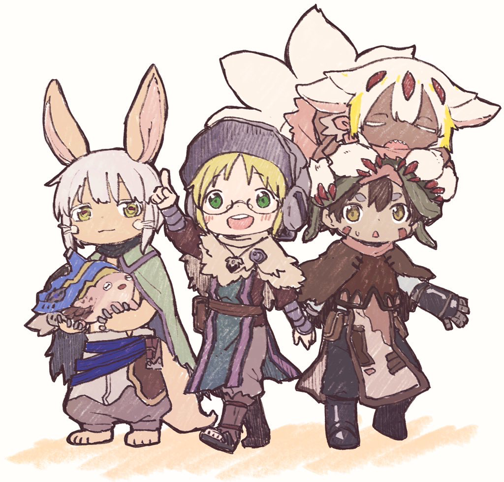 1boy, 1other, 2girls, :3, animal_ears, bandaged_arm, bandages, barefoot, belt_pouch, blonde_hair, body_fur, brown_capelet, brown_eyes, brown_fur, brown_hair, brown_pants, cape, capelet, claws, closed_mouth, colored_eyelashes, creature, dark-skinned_female, dark_skin, extra_arms, facial_mark, faputa, furry, glasses, green_cape, green_hat, grey_footwear, grey_hat, grey_pants, hat, holding, holding_creature, made_in_abyss, mauyu, mechanical_arms, meinya_(made_in_abyss), monster_girl, multiple_girls, multiple_tails, nanachi_(made_in_abyss), open_mouth, pants, pouch, puffy_pants, rabbit_ears, red_claws, regu_(made_in_abyss), round_eyewear, scarf, semi-rimless_eyewear, sharp_teeth, tail, teeth, triangle_mouth, upper_teeth_only, very_dark_skin, whiskers, whistle, whistle_around_neck, white_background, white_fur