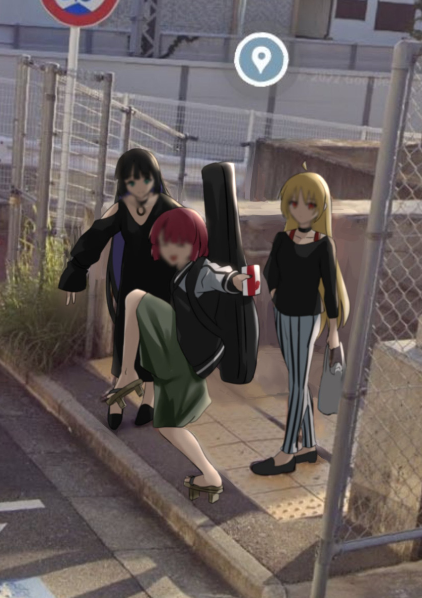 3girls, ahoge, alcohol, alcohol_carton, bag, black_choker, black_dress, black_footwear