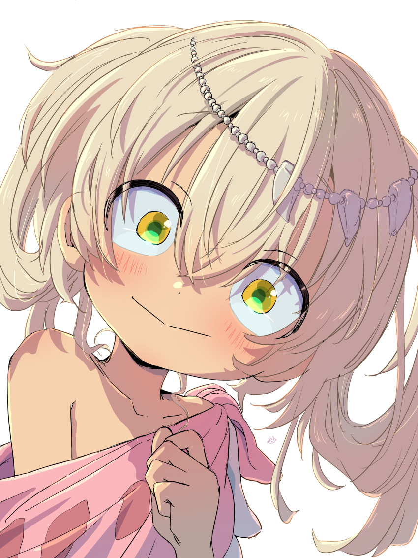 1girl, absurdres, blonde_hair, blush, clenched_hand, collarbone, crop_top, dark-skinned_female, dark_skin, dot_nose, hair_between_eyes, hair_rings, hand_up, highres, irumyuui, looking_at_viewer, made_in_abyss, medium_hair, sekaineko_001, simple_background, smile, solo, tooth_crown, upper_body, white_background, yellow_eyes