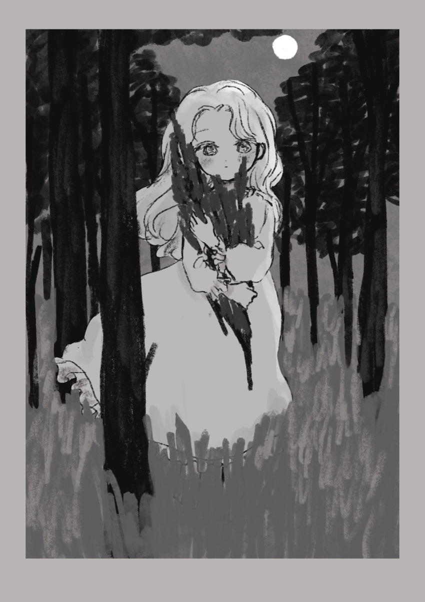 1girl, border, closed_mouth, dress, frilled_dress, frills, full_body, full_moon, grass, grey_border, greyscale, highres, holding, holding_plant, kitsutsuki_yuzu, long_hair, long_sleeves, looking_at_viewer, monochrome, moon, original, outdoors, plant, solo, standing, tree